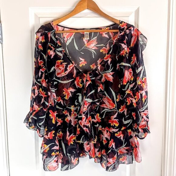 Diane Von Furstenberg Benedetta Tulip Sheer Floral Ruffle Silk Top - Picture 2 of 6
